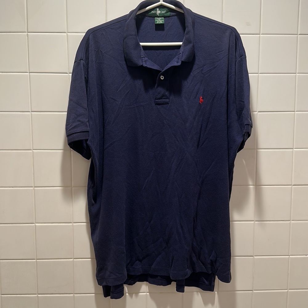 Hunt Club Mens Polo Shirt XL Navy Blue 100 % Cotton Red Logo on Front Chest Soft